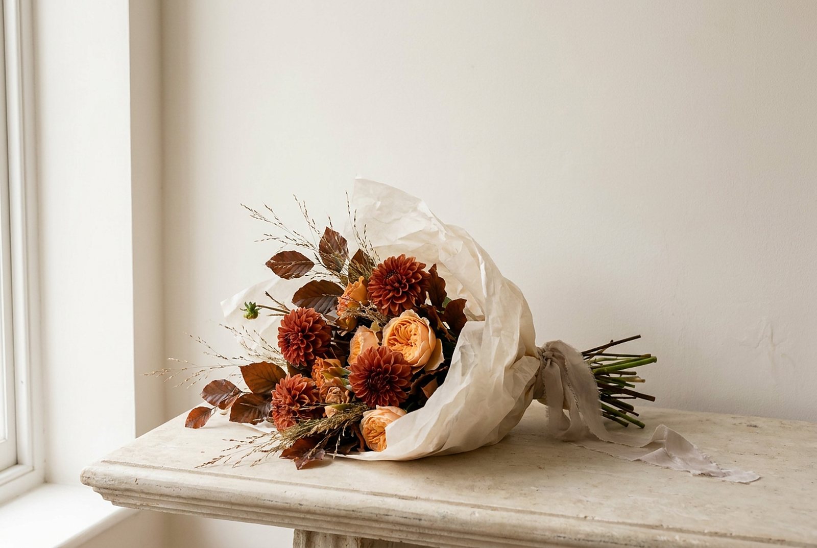 Autumn bouquet of rust dahlias and apricot roses wrapped in tissue