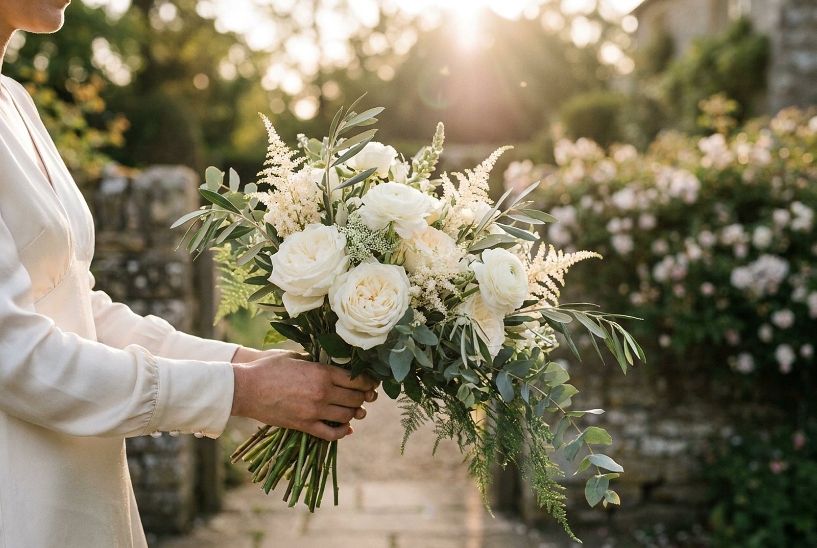 A bride holding a wild white bouquet of garden roses, ranunculus and olive in golden light
