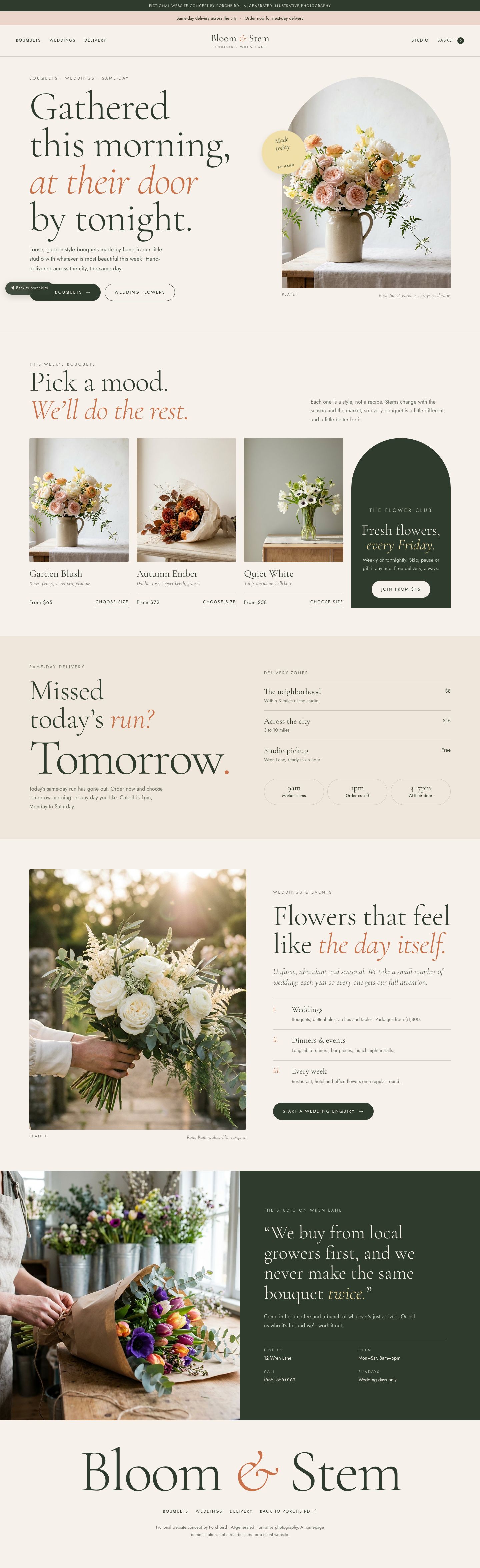 Full-page preview of the fictional Bloom & Stem website concept