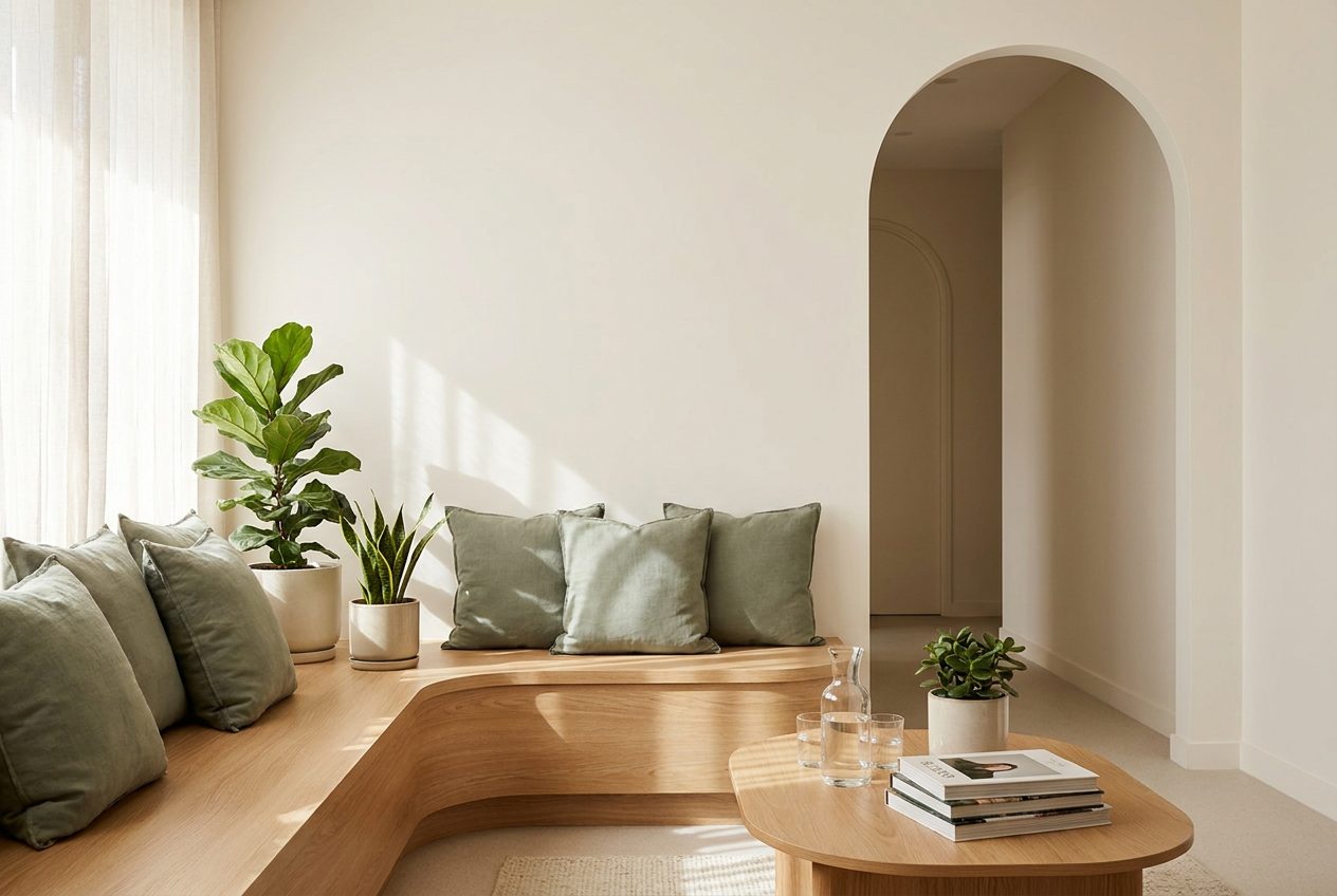 Illustrative photo of a calm clinic lounge with an oak bench and sage cushions