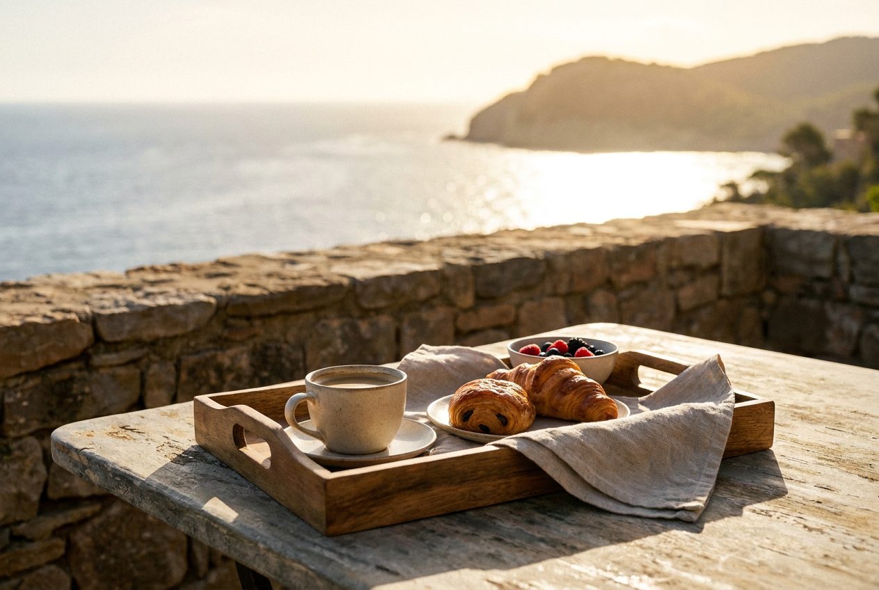 Illustrative photo of a breakfast tray with coffee and pastries on a stone terrace above the sea