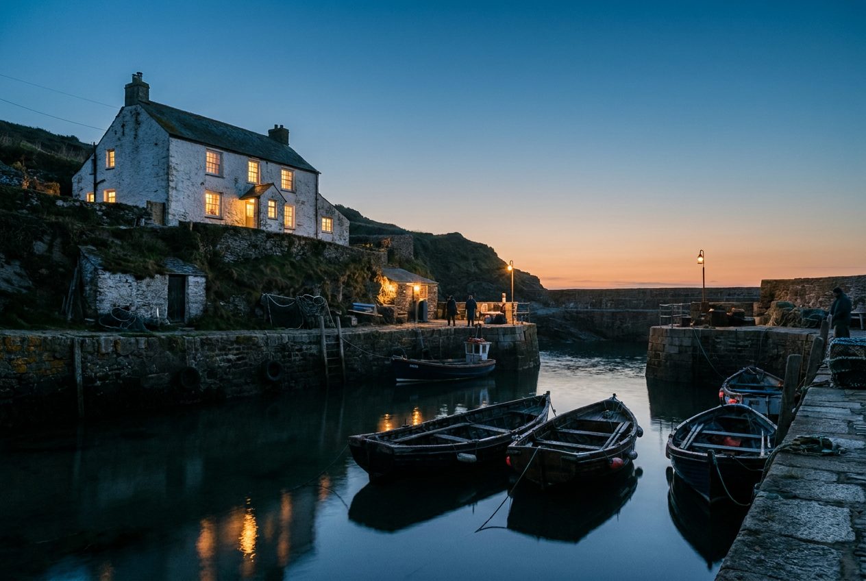 Illustrative photo of a whitewashed stone house with glowing windows above a small harbour at dusk
