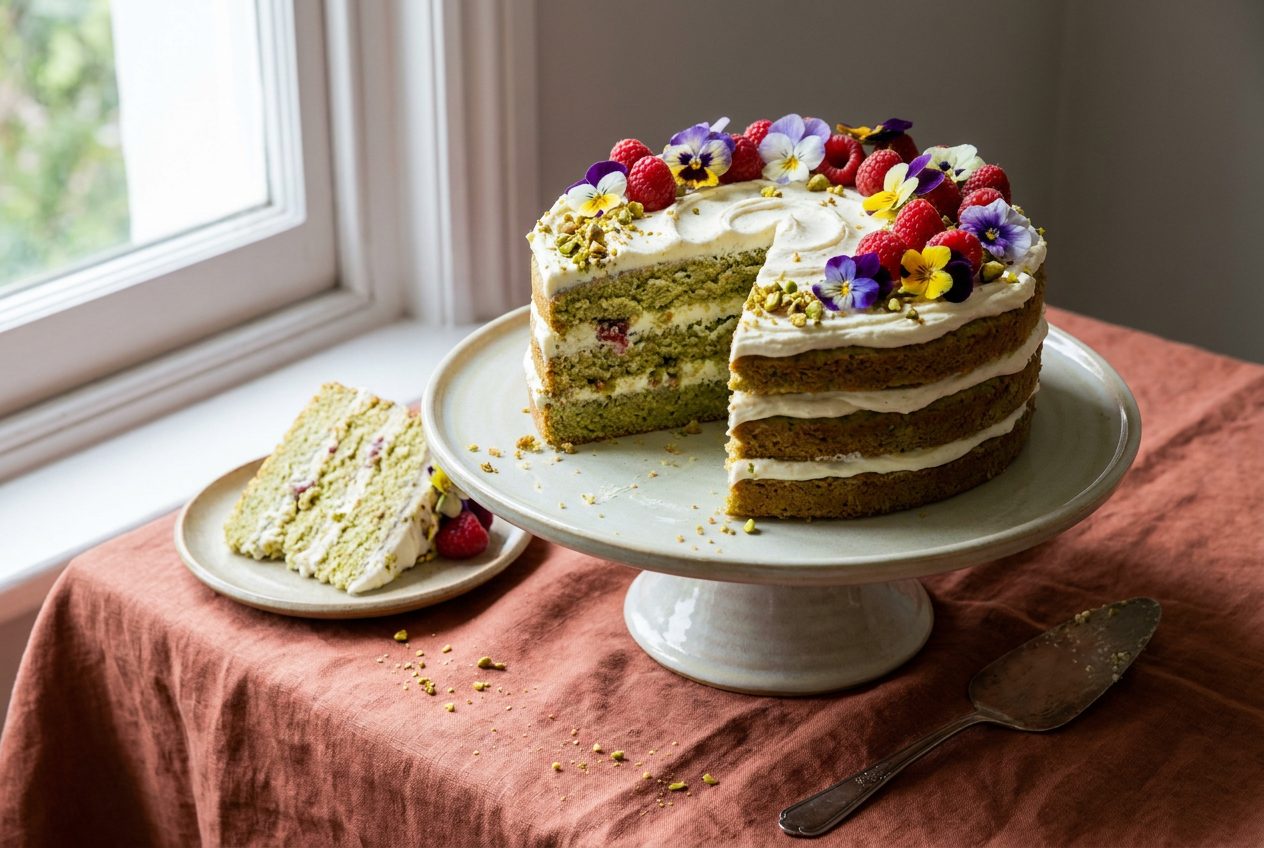 Illustrative photo of a pistachio and raspberry layer cake on a ceramic stand
