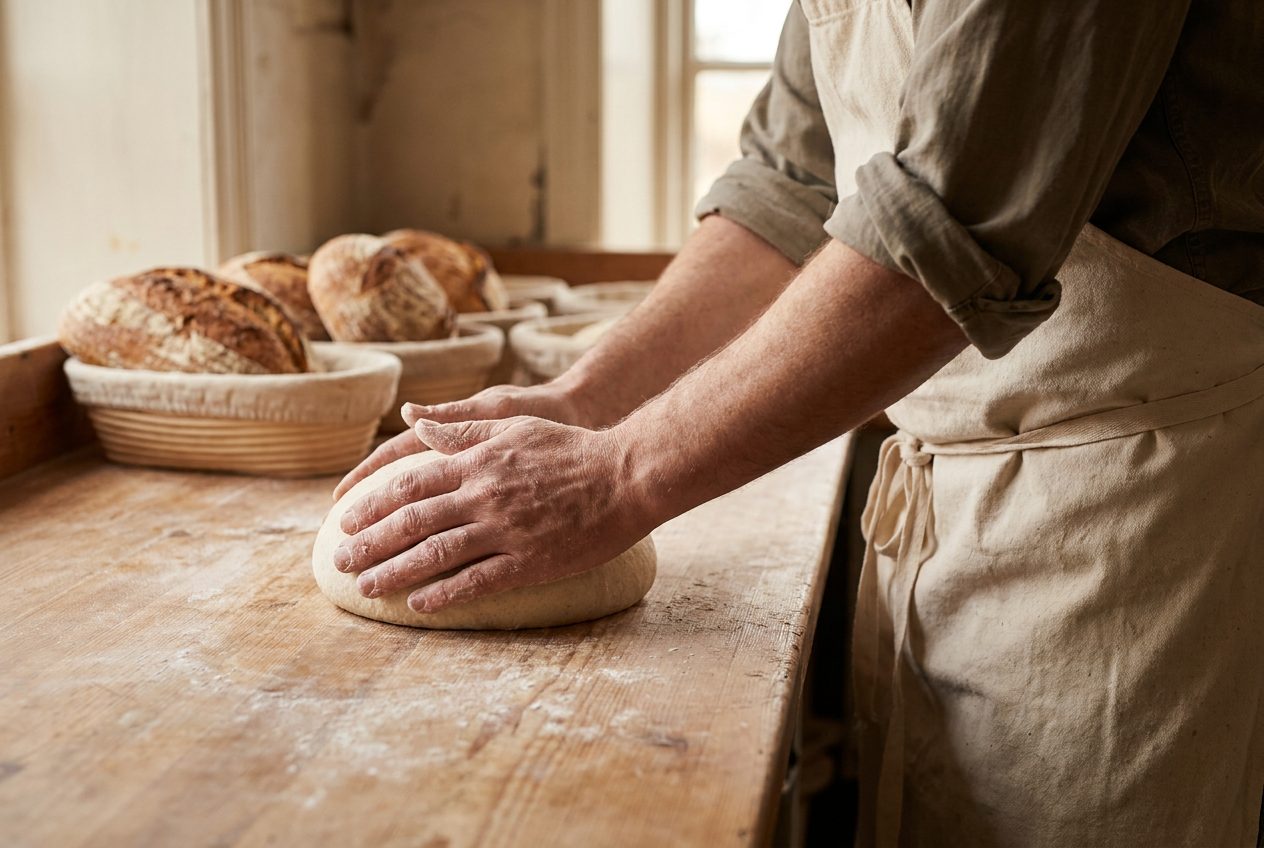 Illustrative photo of a baker's floured hands shaping dough
